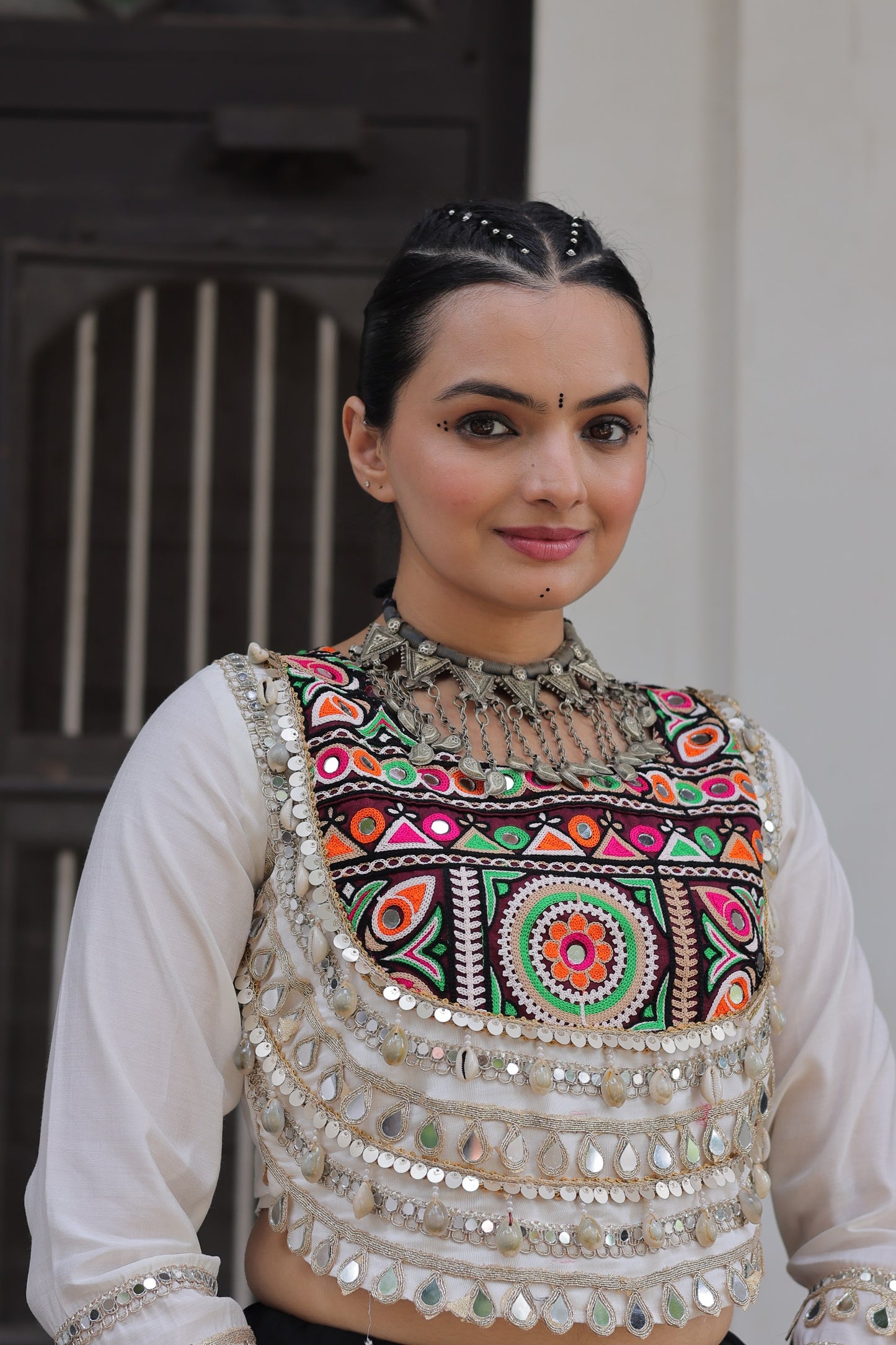 White Multicolor  Cotton Printed with AttractiveReal Mirror Lace Work Lehenga Choli