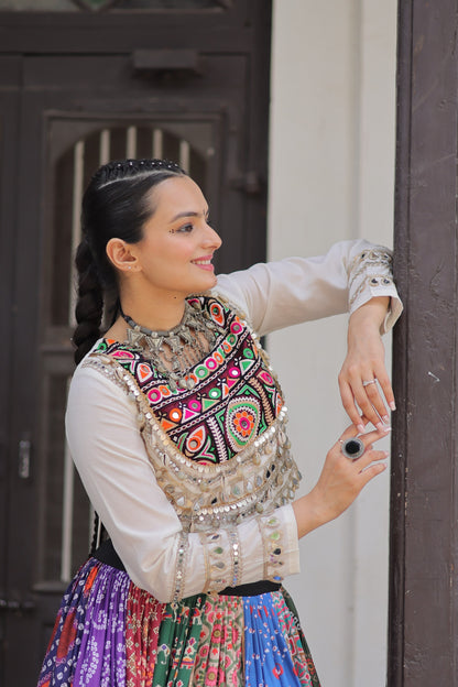 White Multicolor  Cotton Printed with AttractiveReal Mirror Lace Work Lehenga Choli