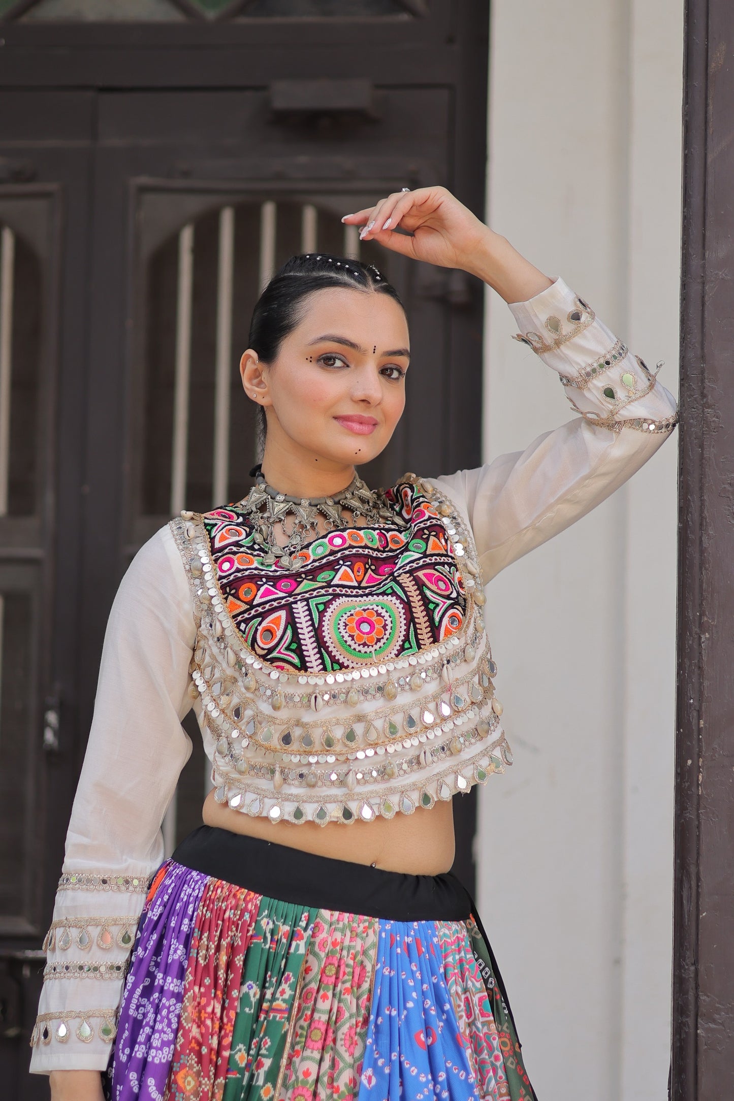 White Multicolor  Cotton Printed with AttractiveReal Mirror Lace Work Lehenga Choli