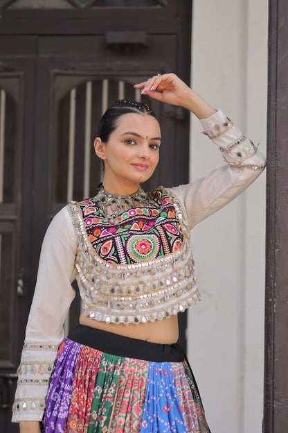 White Multicolor  Cotton Printed with AttractiveReal Mirror Lace Work Lehenga Choli