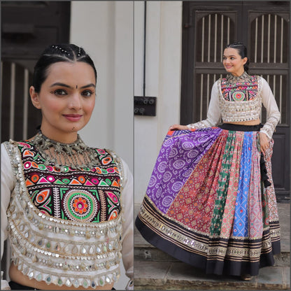 White Multicolor  Cotton Printed with AttractiveReal Mirror Lace Work Lehenga Choli