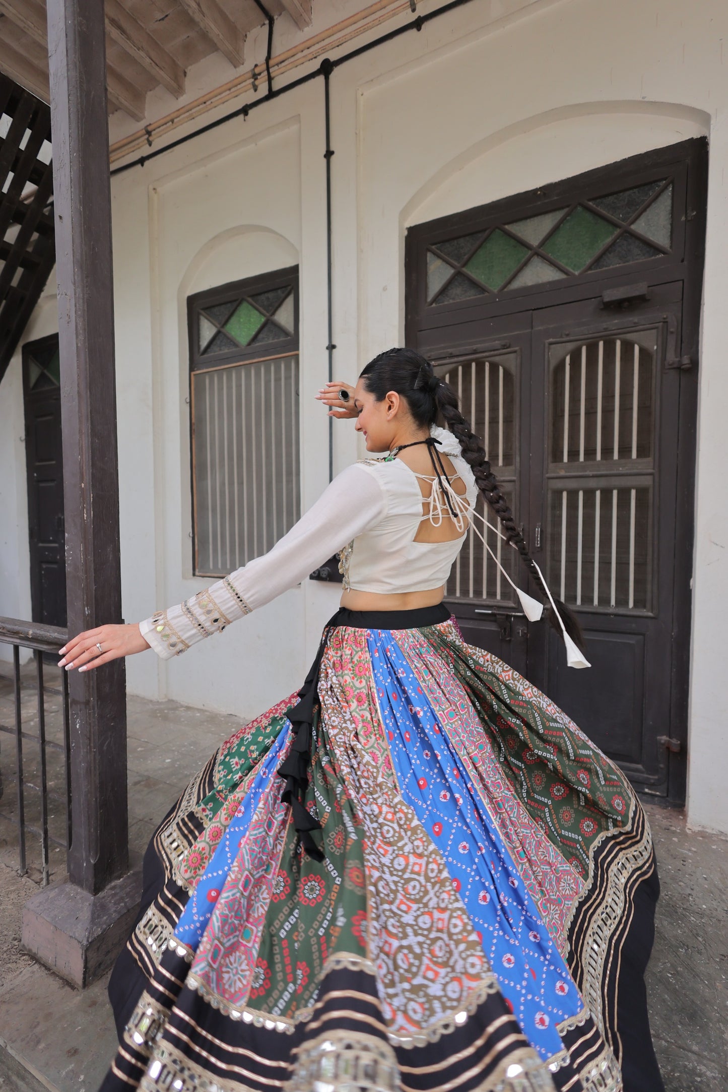 White Multicolor  Cotton Printed with AttractiveReal Mirror Lace Work Lehenga Choli