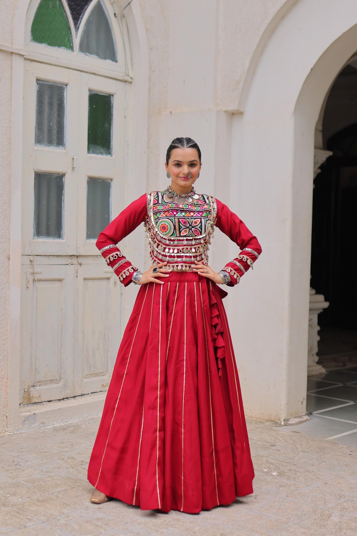 Red Roman with Attractive Gota-Patti Lace Lehenga Choli