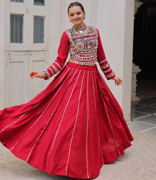 Red Roman with Attractive Gota-Patti Lace Lehenga Choli