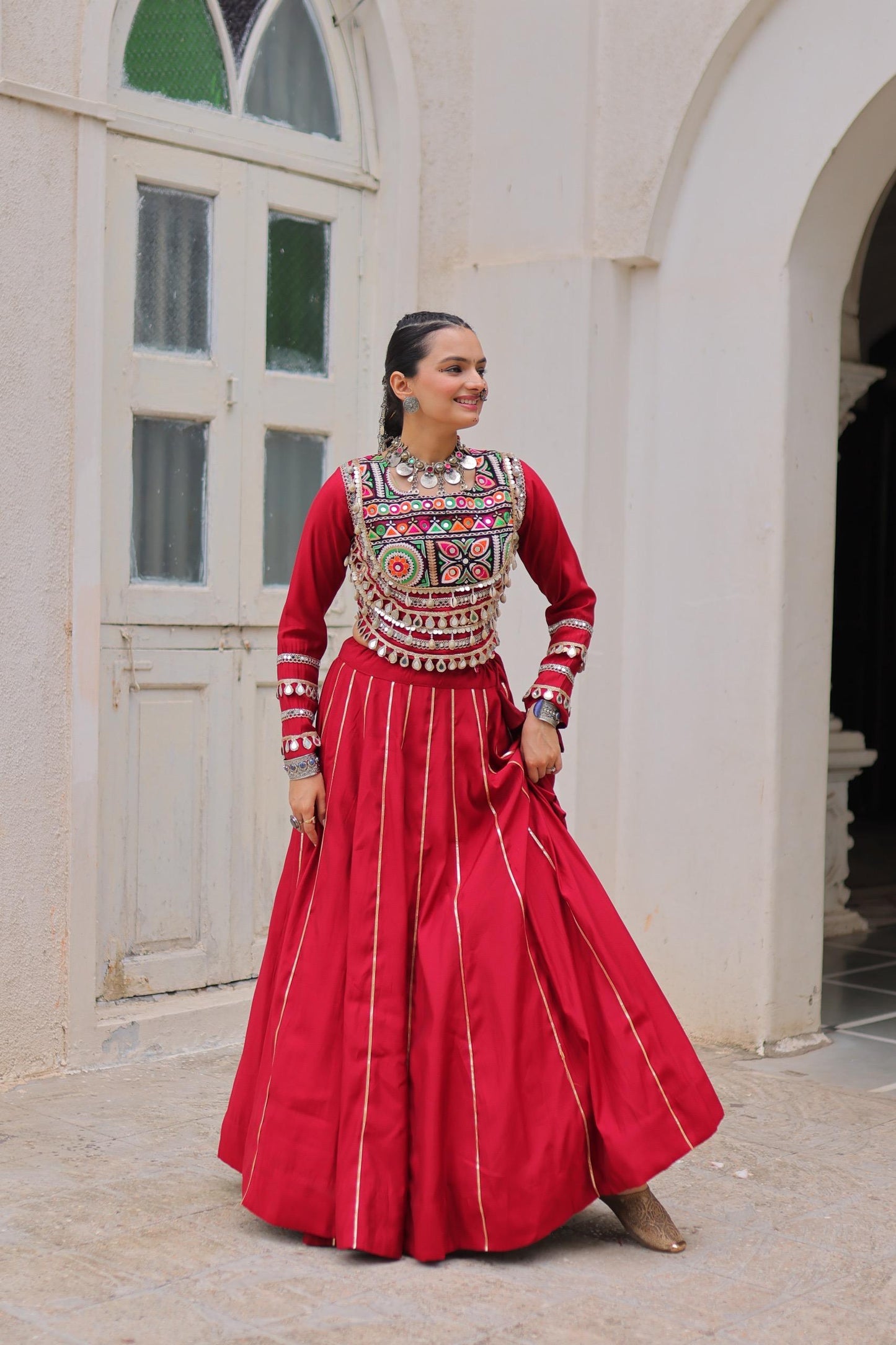 Red Roman with Attractive Gota-Patti Lace Lehenga Choli