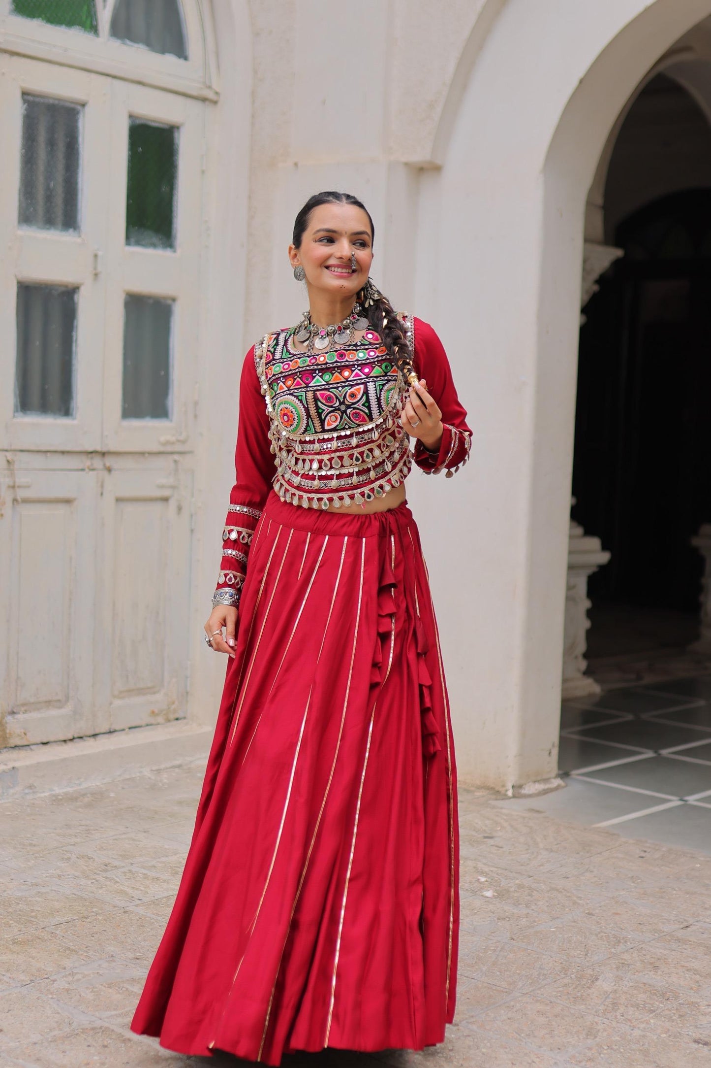 Red Roman with Attractive Gota-Patti Lace Lehenga Choli