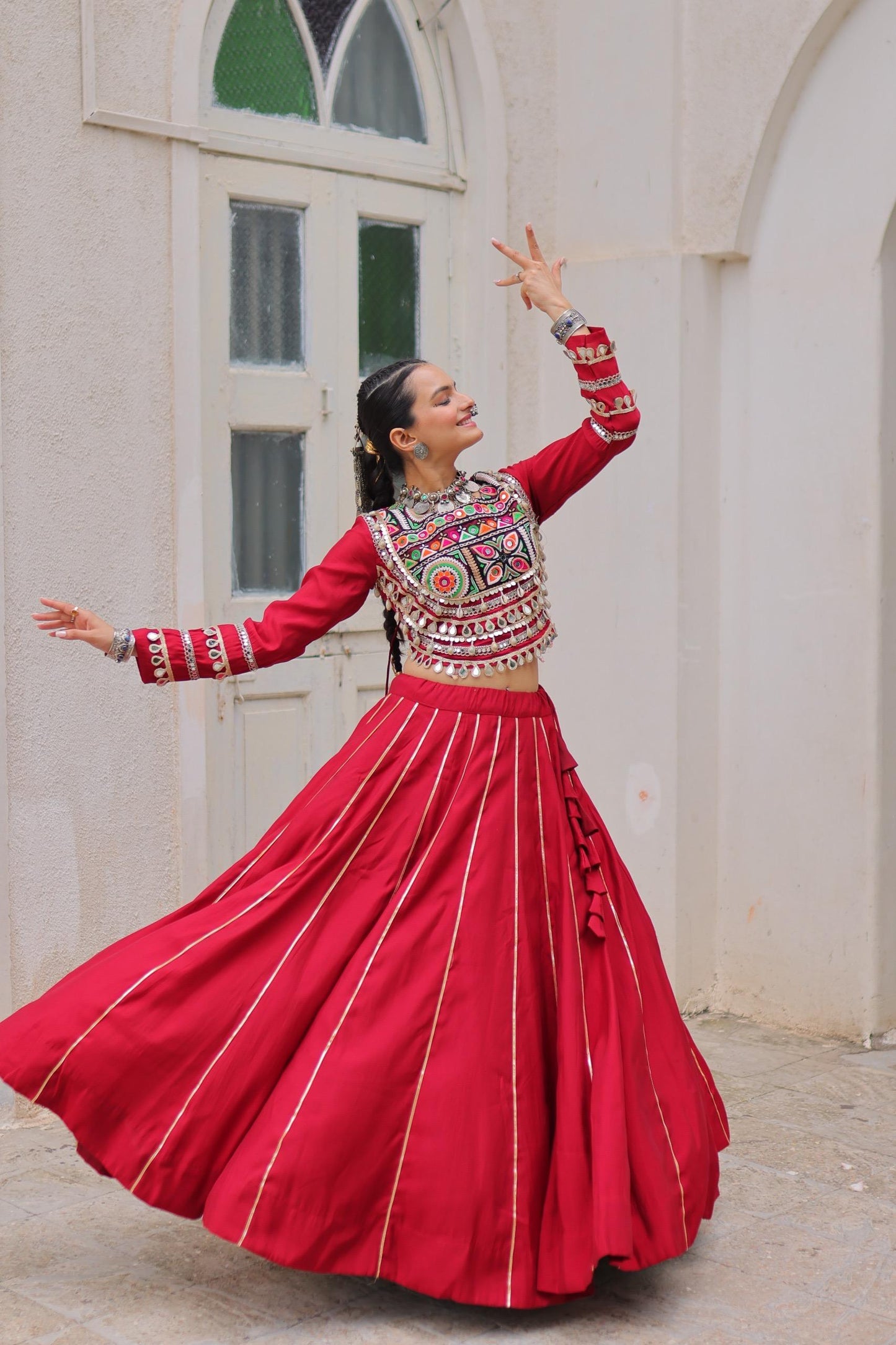 Red Roman with Attractive Gota-Patti Lace Lehenga Choli