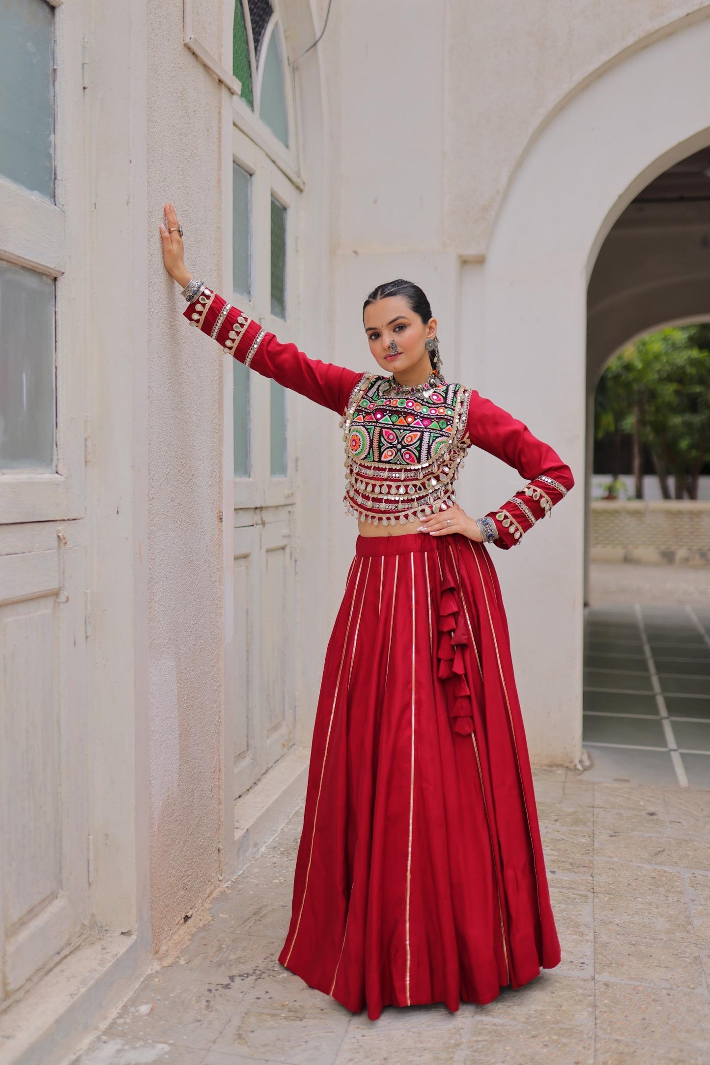 Red Roman with Attractive Gota-Patti Lace Lehenga Choli