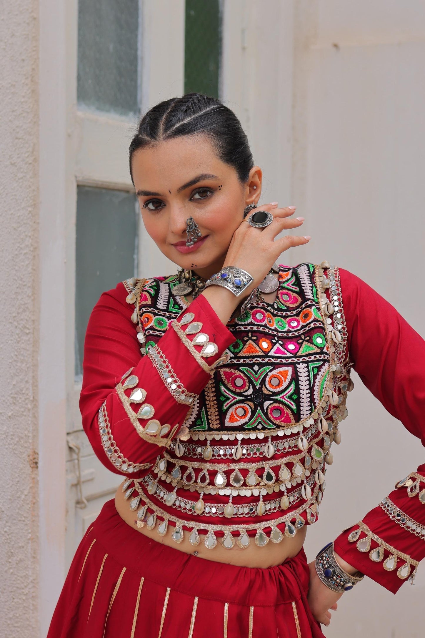 Red Roman with Attractive Gota-Patti Lace Lehenga Choli