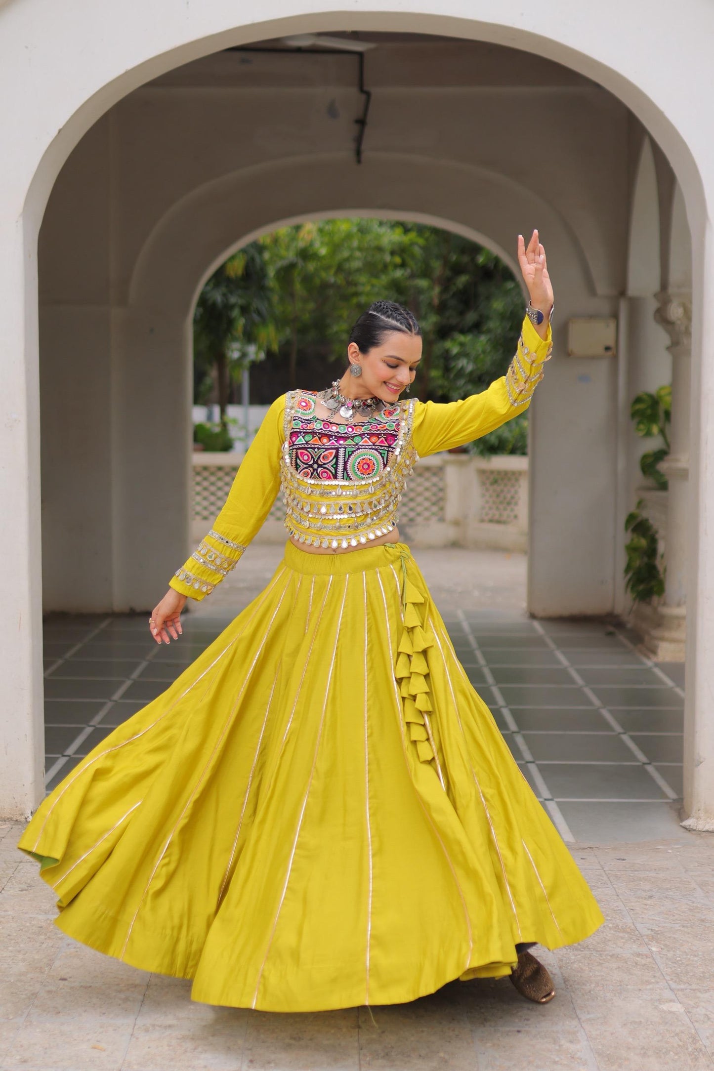 Yellow Roman with Attractive Gota-Patti Lace Lehenga Choli