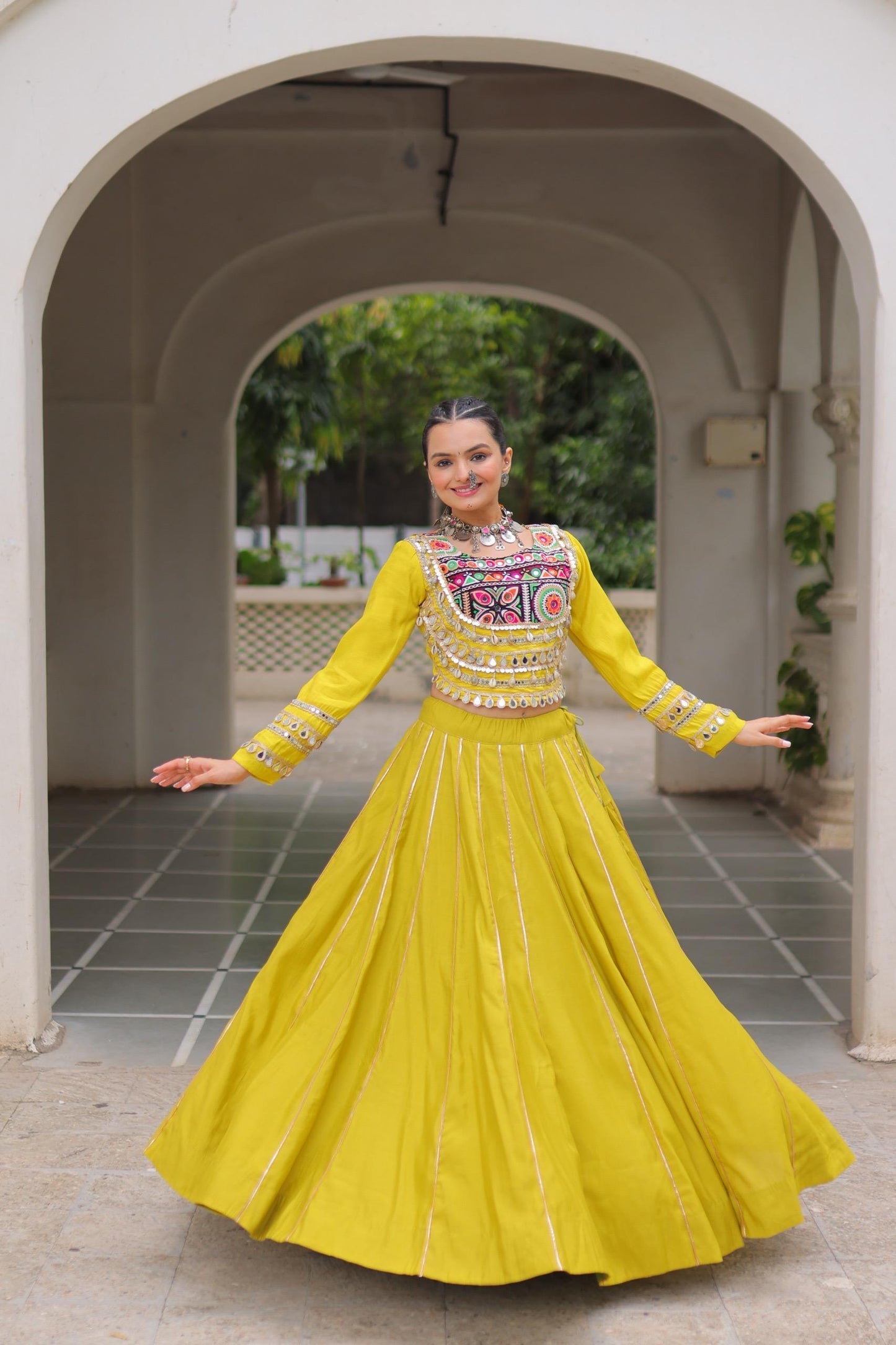 Yellow Roman with Attractive Gota-Patti Lace Lehenga Choli