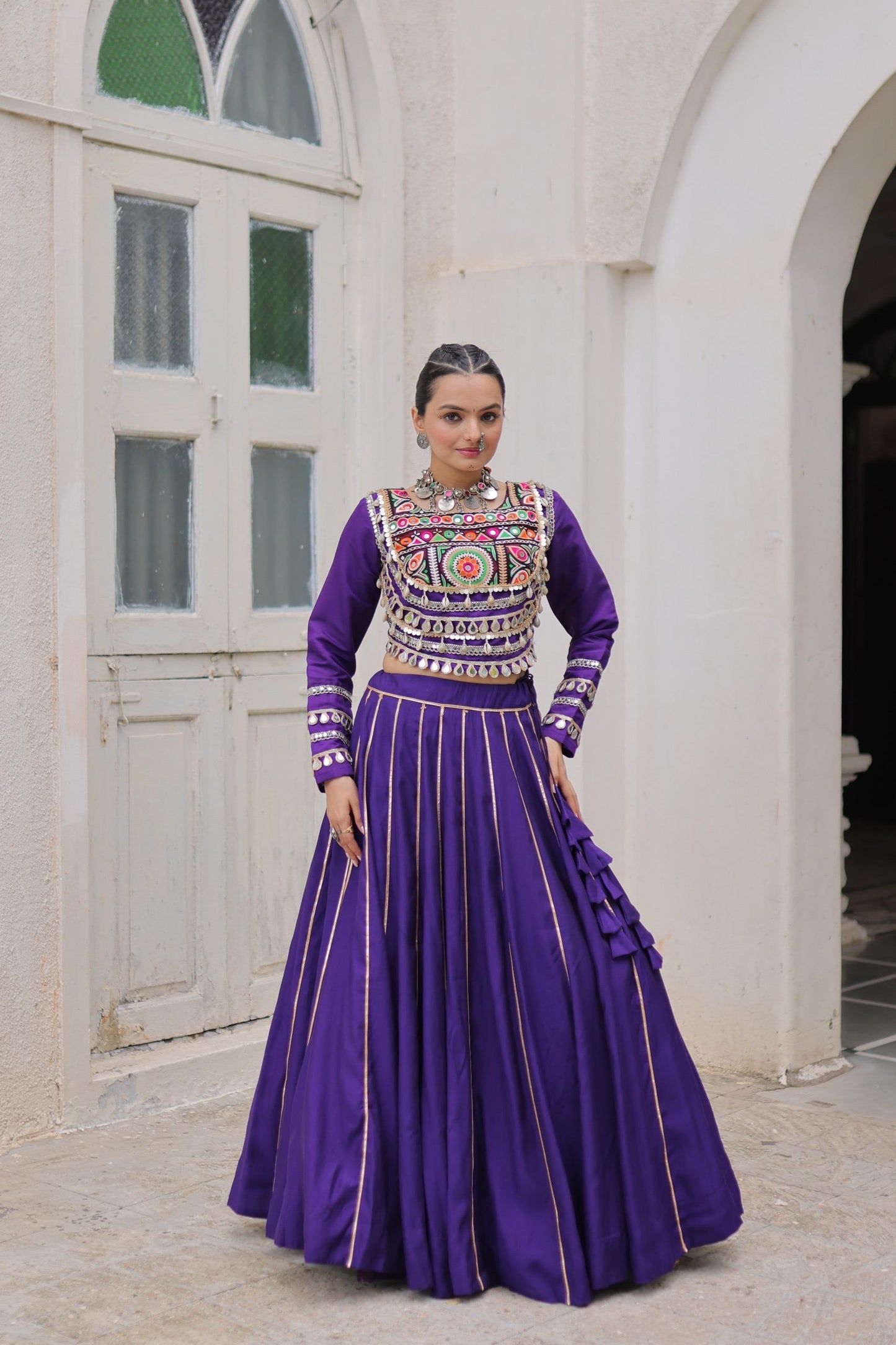Purple Roman with Attractive Gota-Patti Lace Lehenga Choli