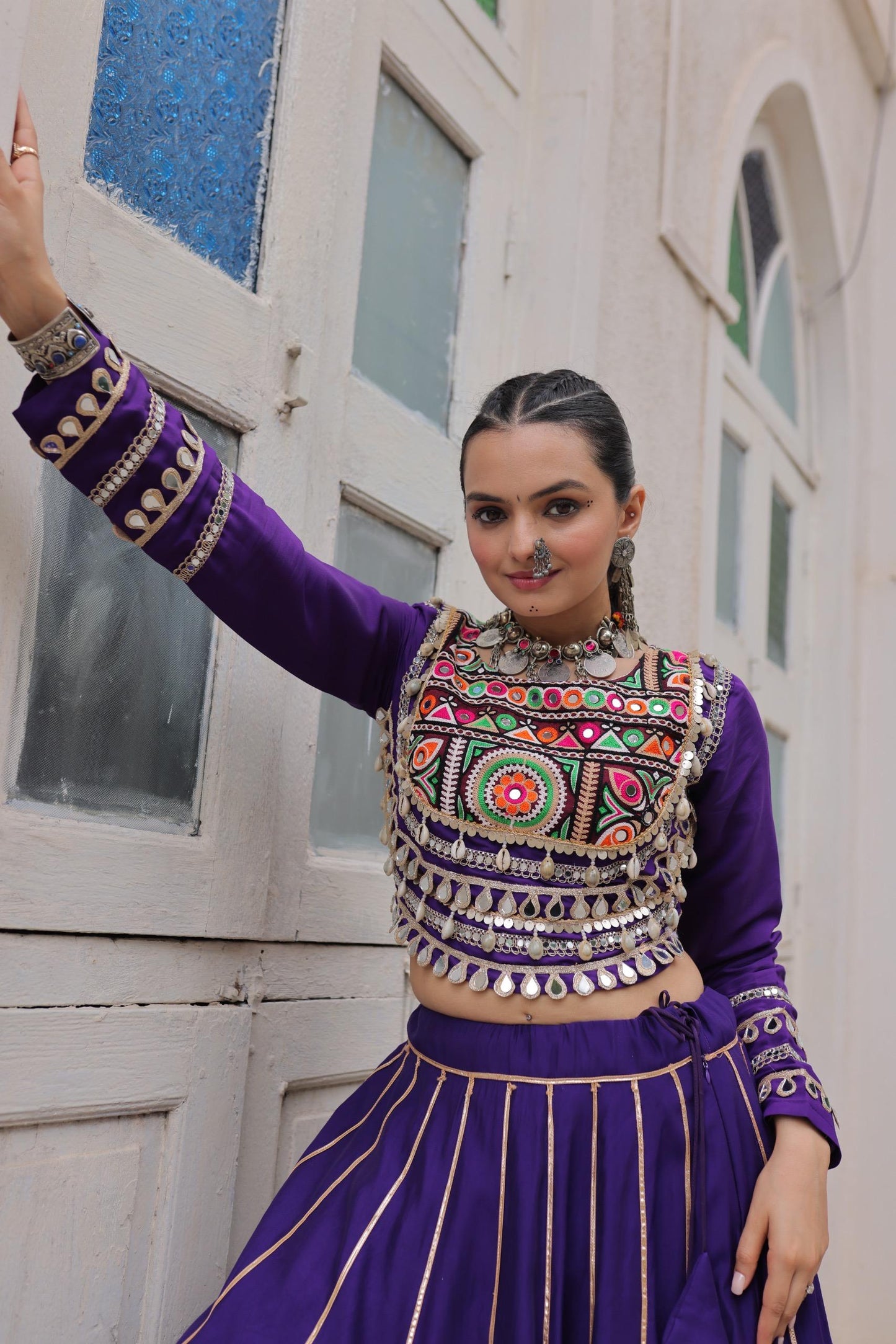 Purple Roman with Attractive Gota-Patti Lace Lehenga Choli