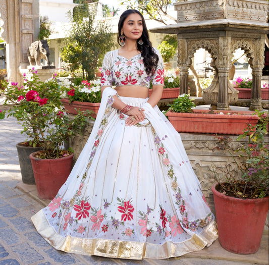 White Georgette Thread Embroidery Work with Embossed Design Lace Lehenga Choli