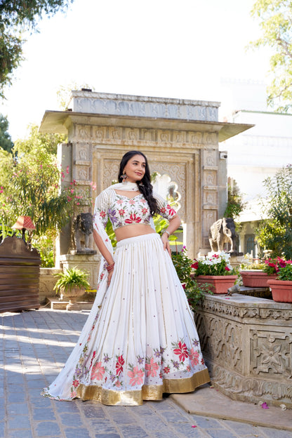 White Georgette Thread Embroidery Work with Embossed Design Lace Lehenga Choli