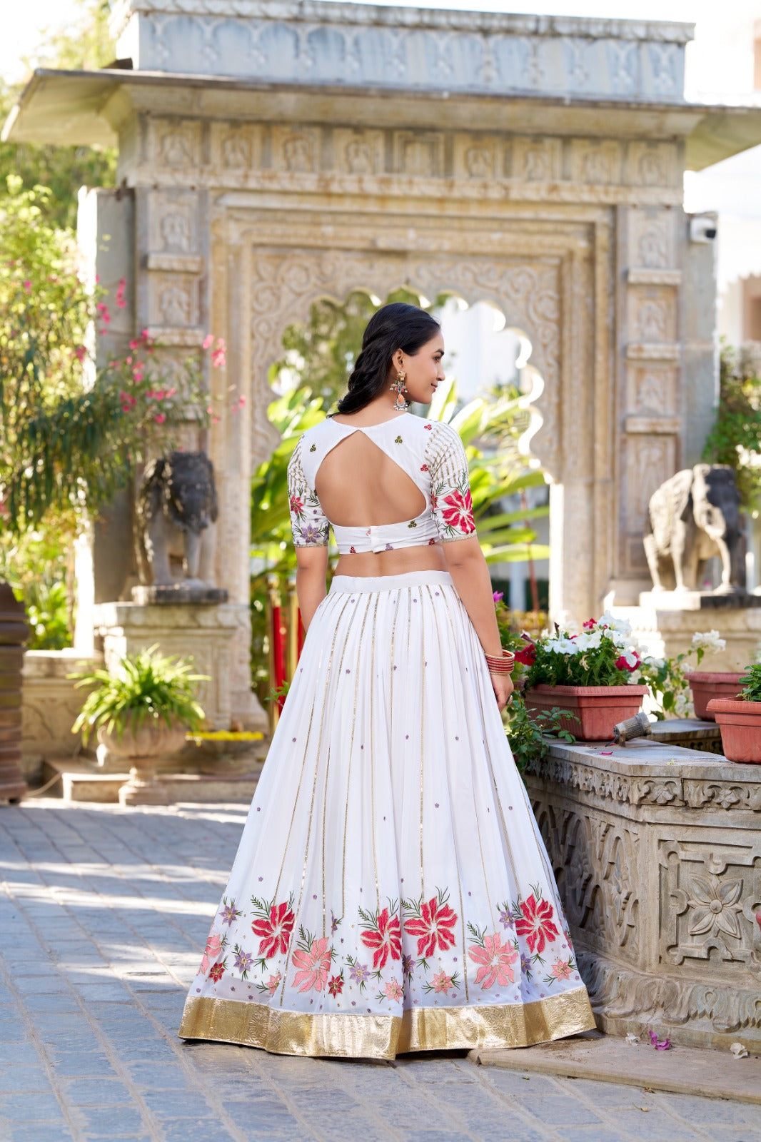 White Georgette Thread Embroidery Work with Embossed Design Lace Lehenga Choli
