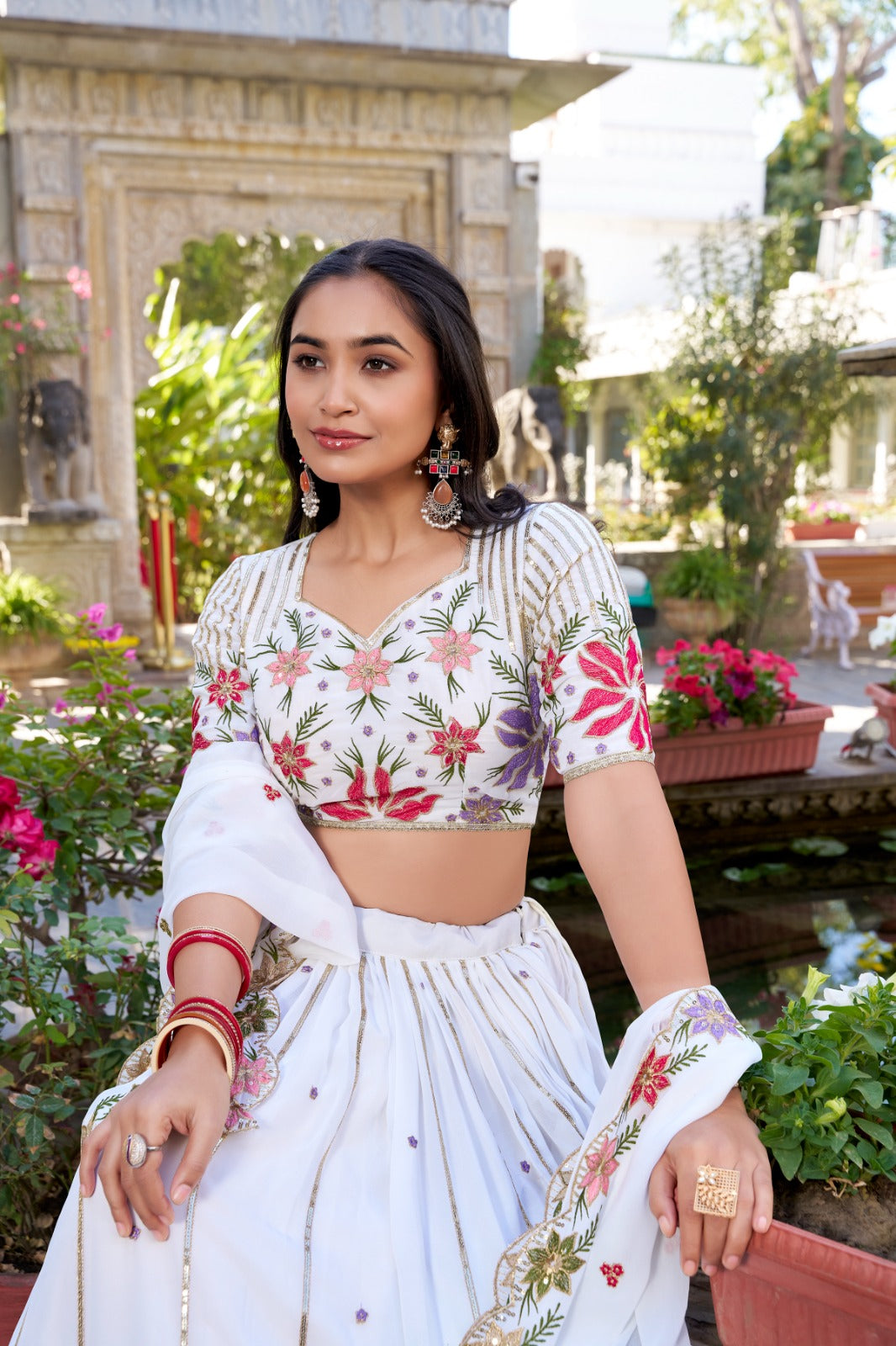 White Georgette Thread Embroidery Work with Embossed Design Lace Lehenga Choli