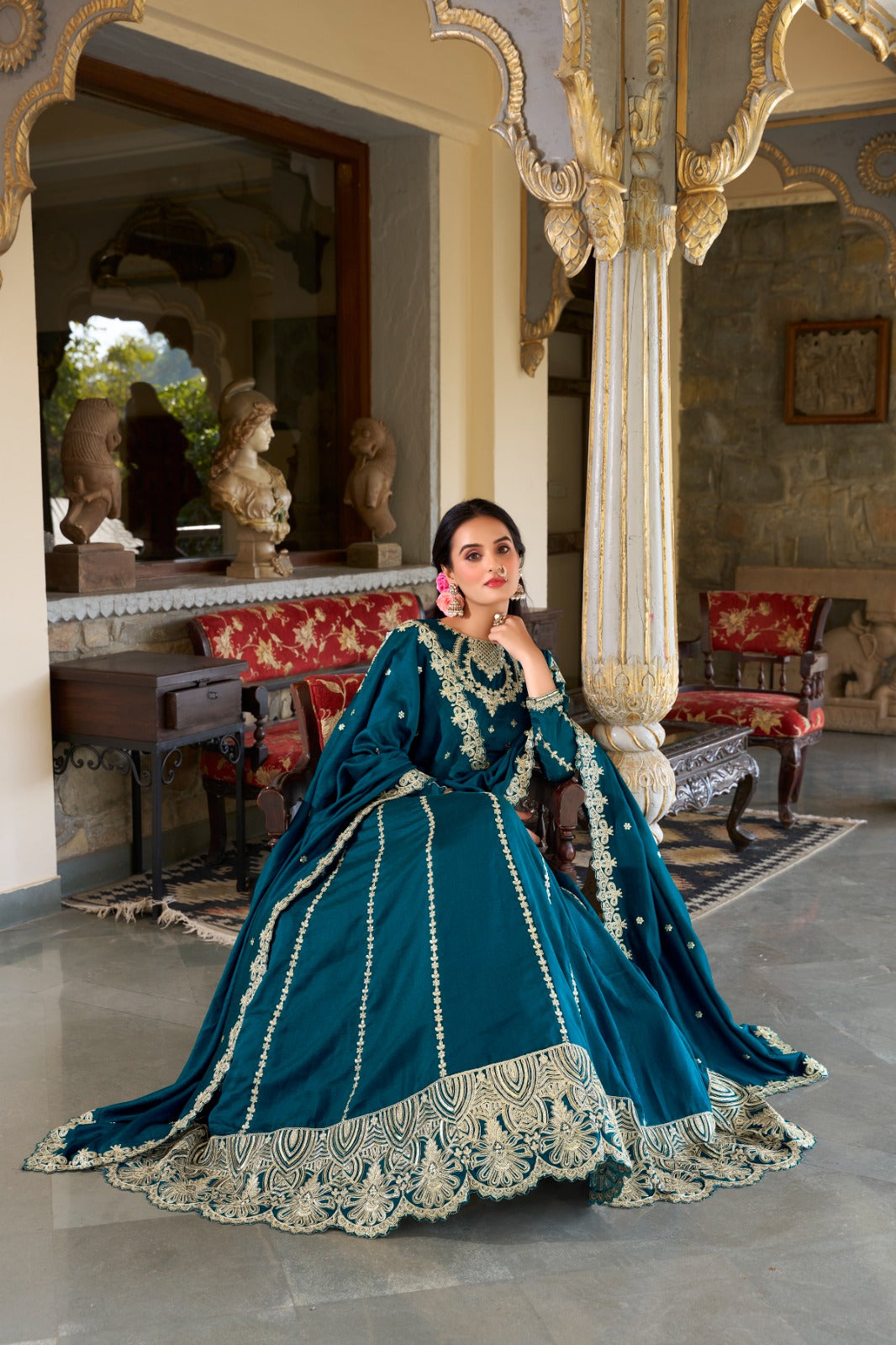 Firozi Vichitra Silk Embroidery Work Lehenga Choli