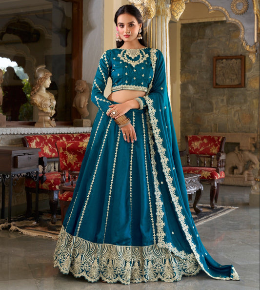 Firozi Vichitra Silk Embroidery Work Lehenga Choli
