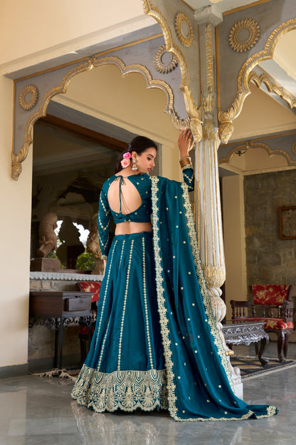 Firozi Vichitra Silk Embroidery Work Lehenga Choli