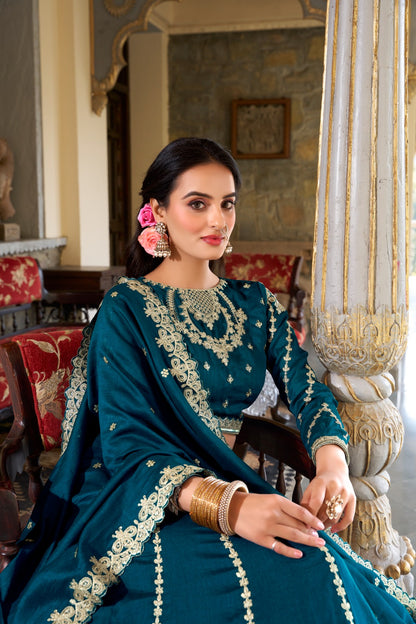 Firozi Vichitra Silk Embroidery Work Lehenga Choli