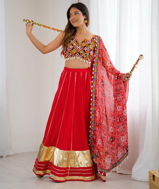 Red Heavy Rayon Lagdi Patta Lehenga Choli With Dupatta