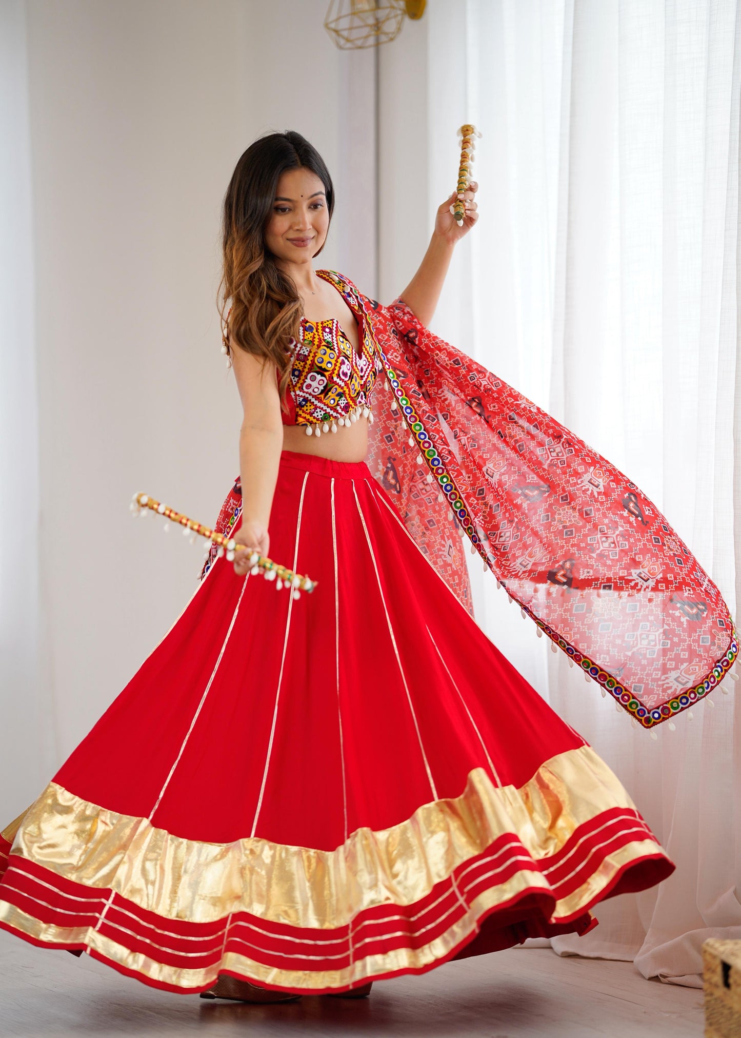 Red Heavy Rayon Lagdi Patta Lehenga Choli With Dupatta