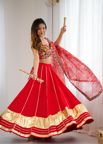 Red Heavy Rayon Lagdi Patta Lehenga Choli With Dupatta