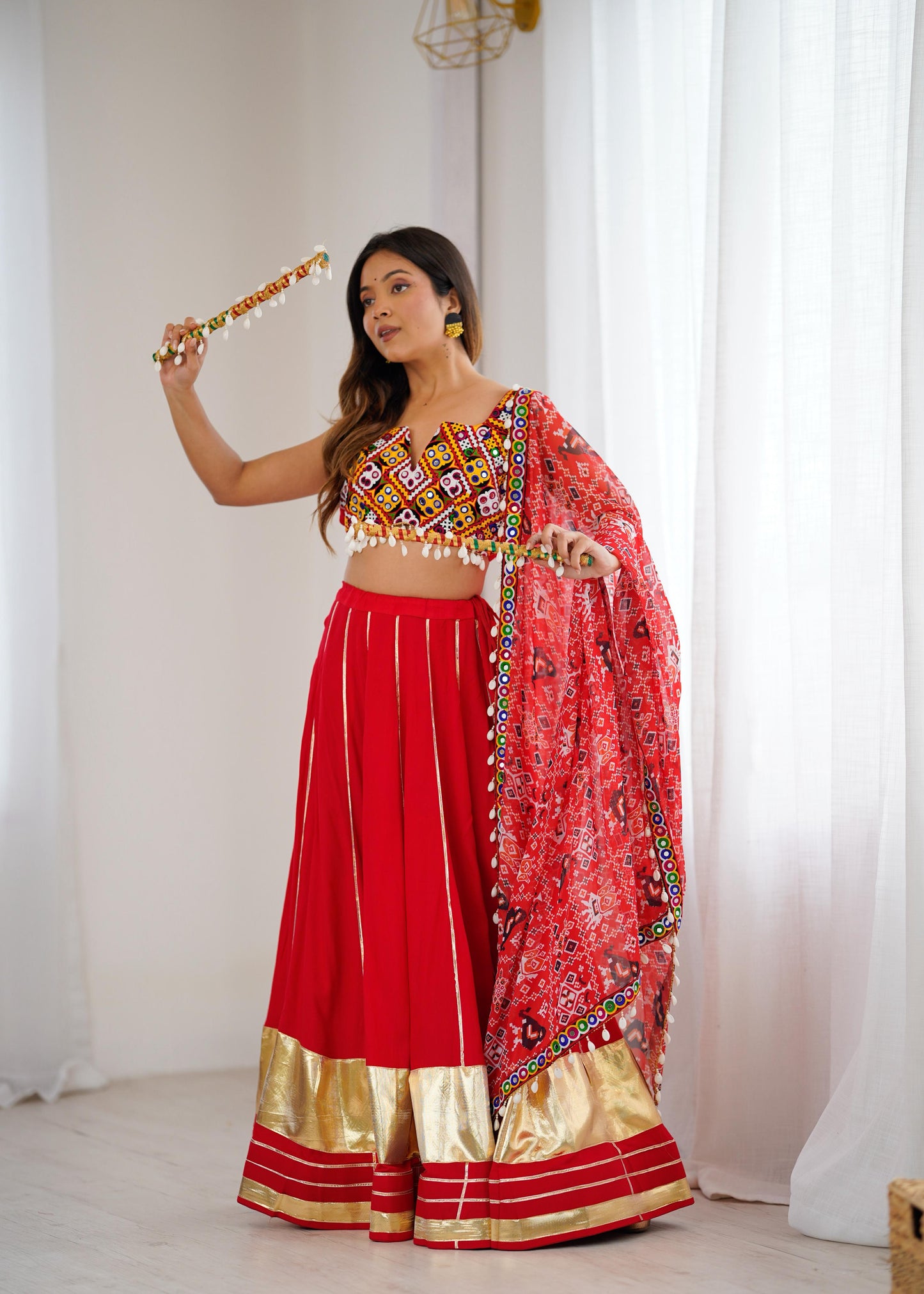 Red Heavy Rayon Lagdi Patta Lehenga Choli With Dupatta