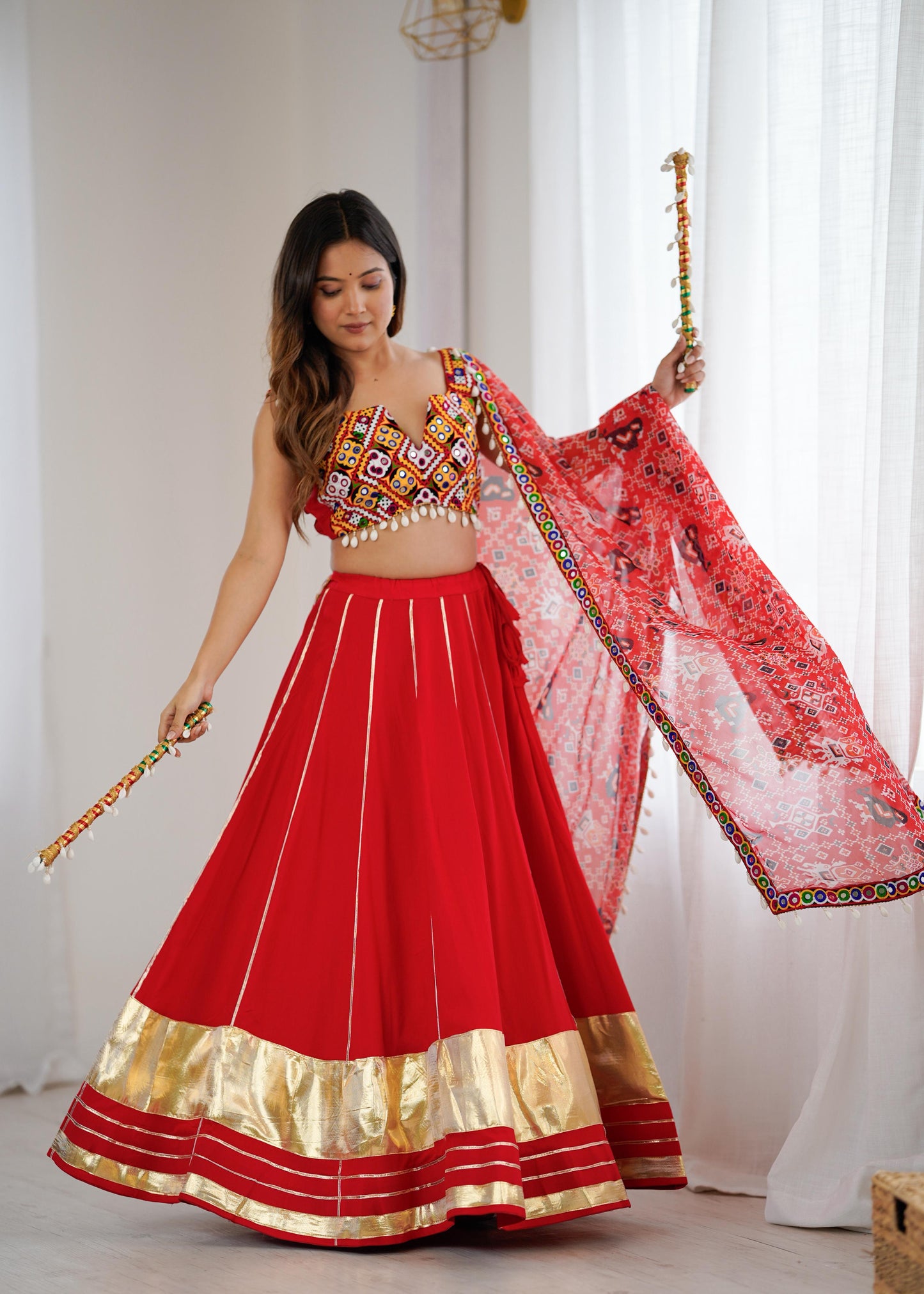 Red Heavy Rayon Lagdi Patta Lehenga Choli With Dupatta