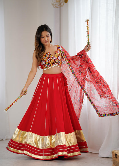 Red Heavy Rayon Lagdi Patta Lehenga Choli With Dupatta