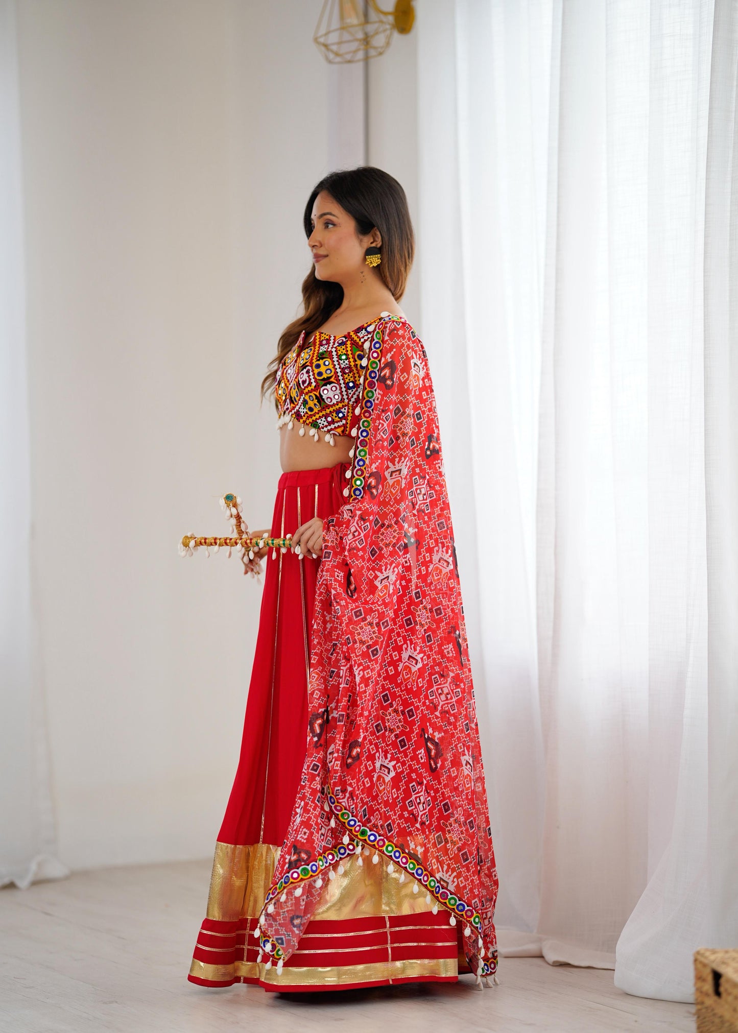 Red Heavy Rayon Lagdi Patta Lehenga Choli With Dupatta