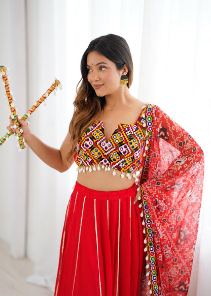 Red Heavy Rayon Lagdi Patta Lehenga Choli With Dupatta