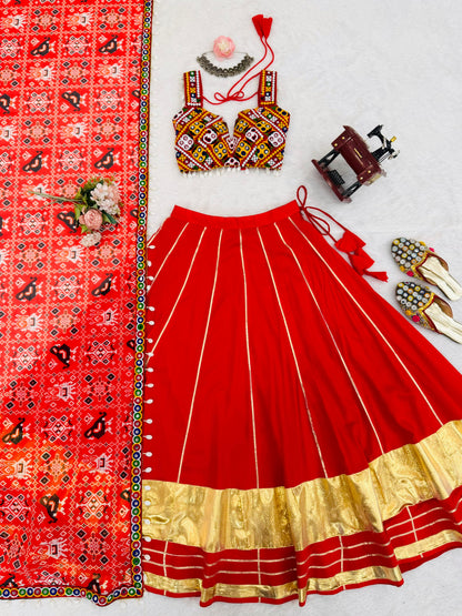 Red Heavy Rayon Lagdi Patta Lehenga Choli With Dupatta