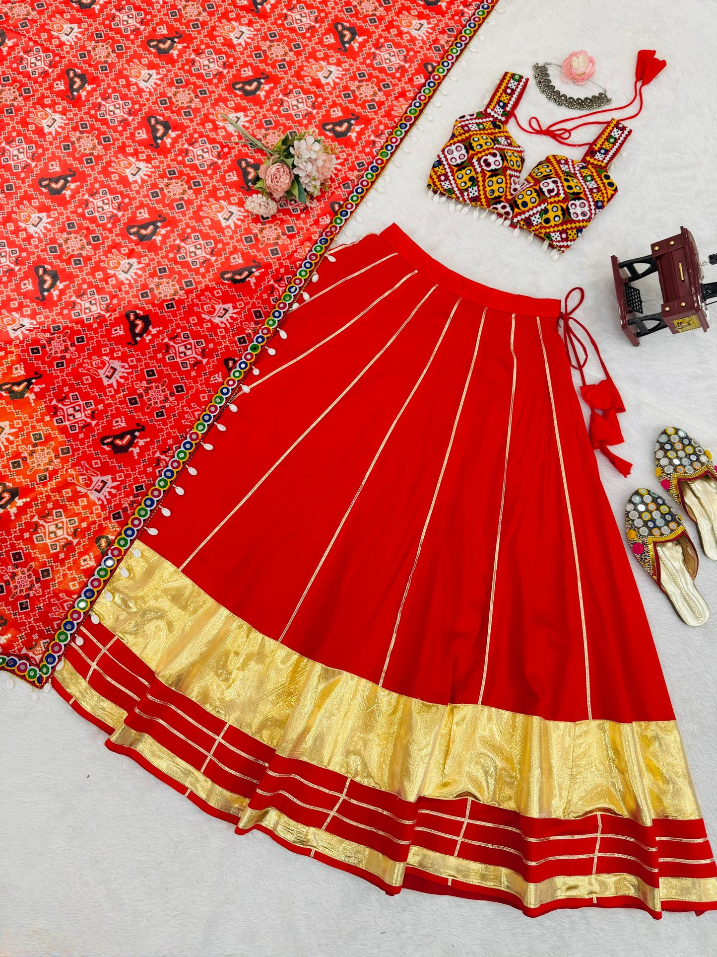 Red Heavy Rayon Lagdi Patta Lehenga Choli With Dupatta