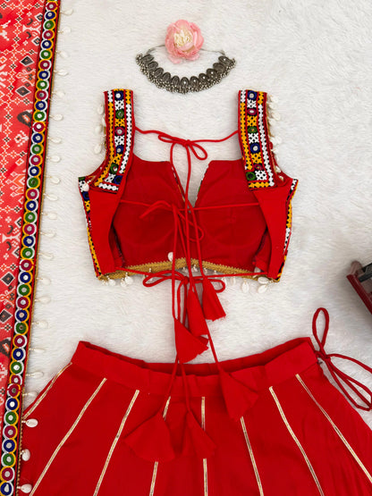 Red Heavy Rayon Lagdi Patta Lehenga Choli With Dupatta