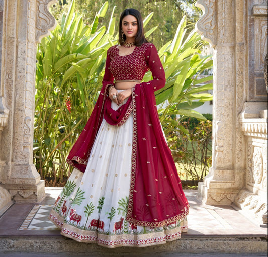 White Georgette Thread Embroidery with Lace Touch-Up Lehenga Choli