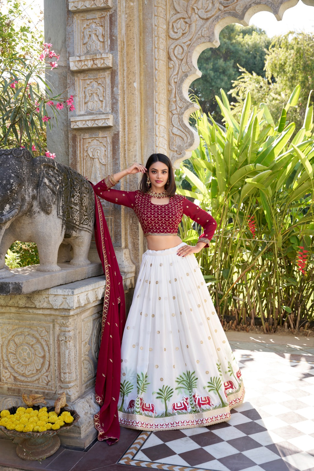 White Georgette Thread Embroidery with Lace Touch-Up Lehenga Choli