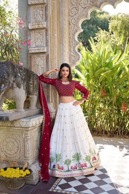 White Georgette Thread Embroidery with Lace Touch-Up Lehenga Choli