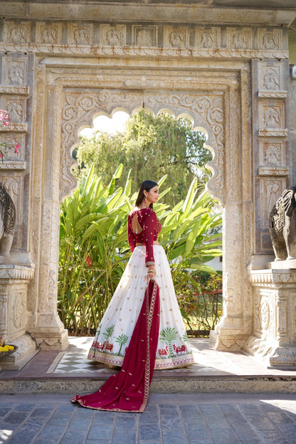 White Georgette Thread Embroidery with Lace Touch-Up Lehenga Choli