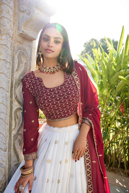 White Georgette Thread Embroidery with Lace Touch-Up Lehenga Choli