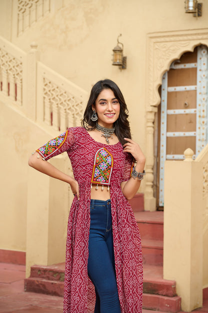 Maroon Faux Georgette Bandhani Printed Navratri Kurti