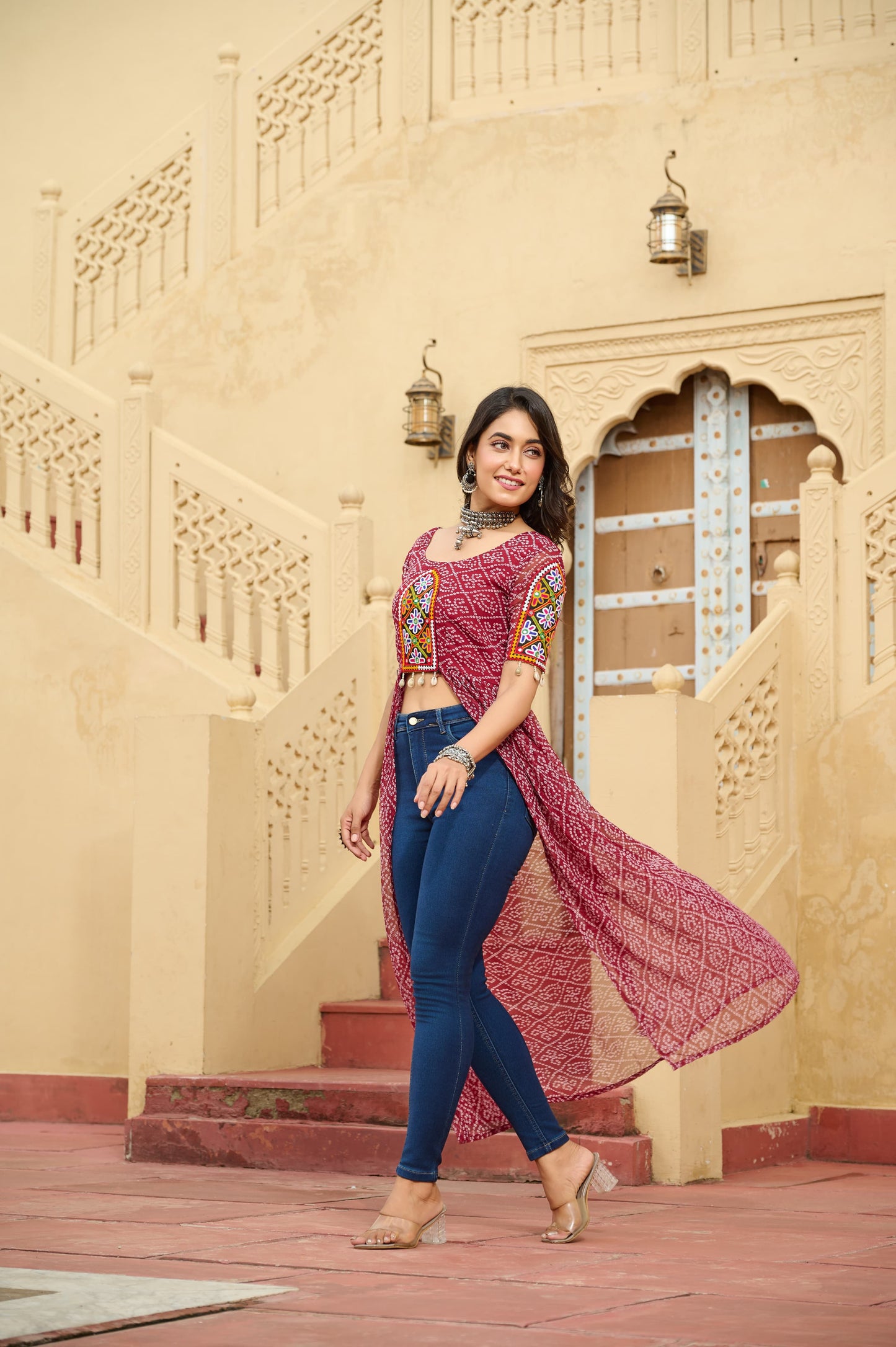 Maroon Faux Georgette Bandhani Printed Navratri Kurti