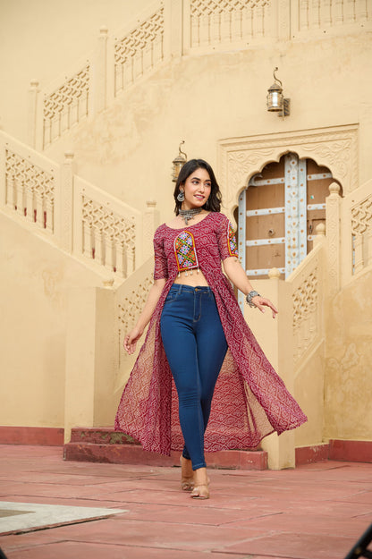 Maroon Faux Georgette Bandhani Printed Navratri Kurti