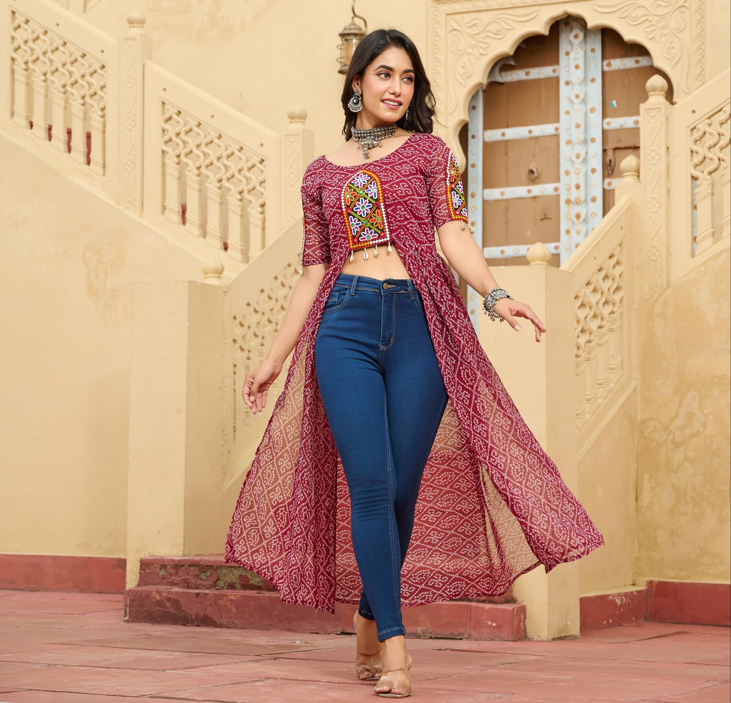 Maroon Faux Georgette Bandhani Printed Navratri Kurti