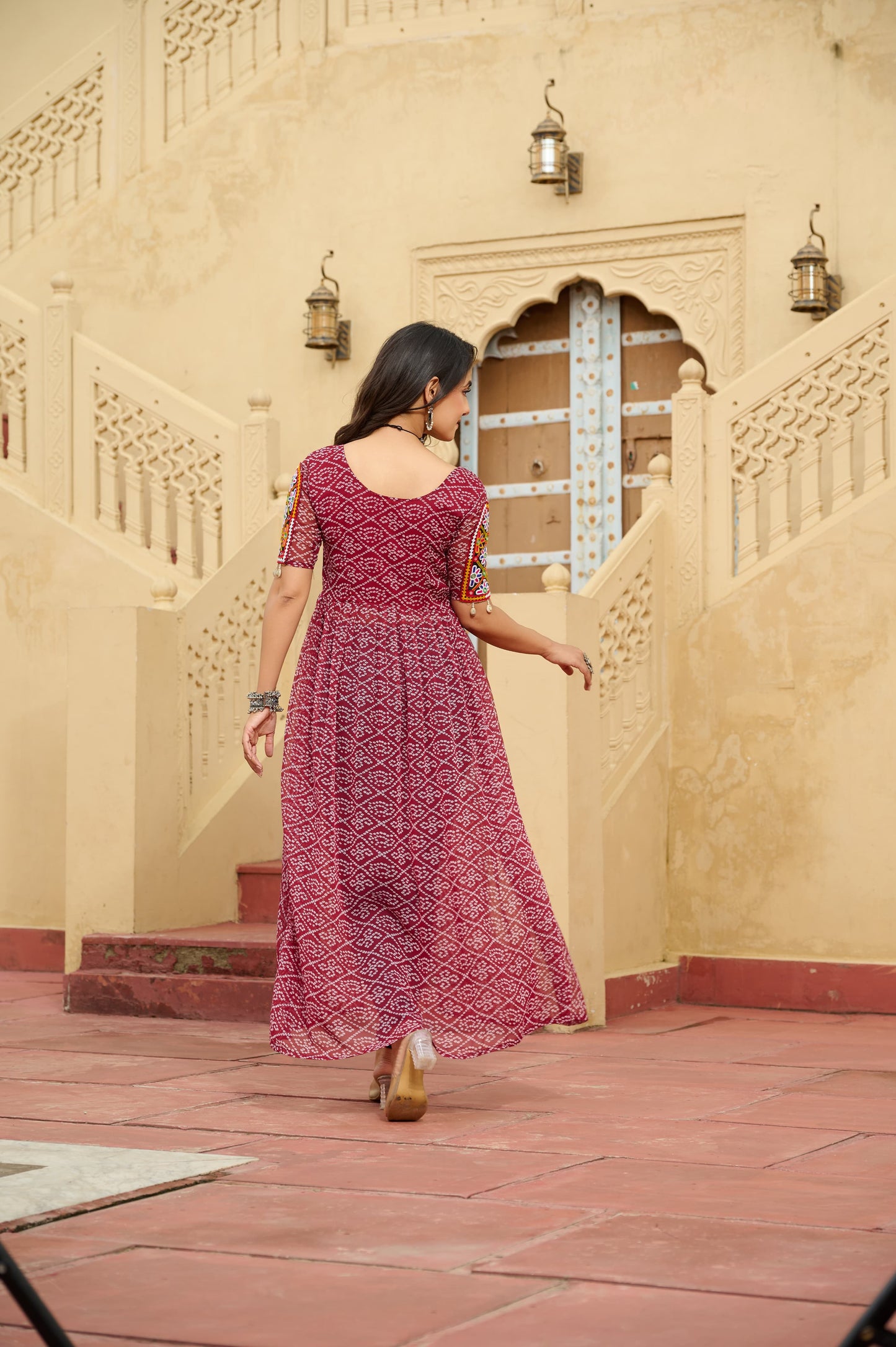 Maroon Faux Georgette Bandhani Printed Navratri Kurti