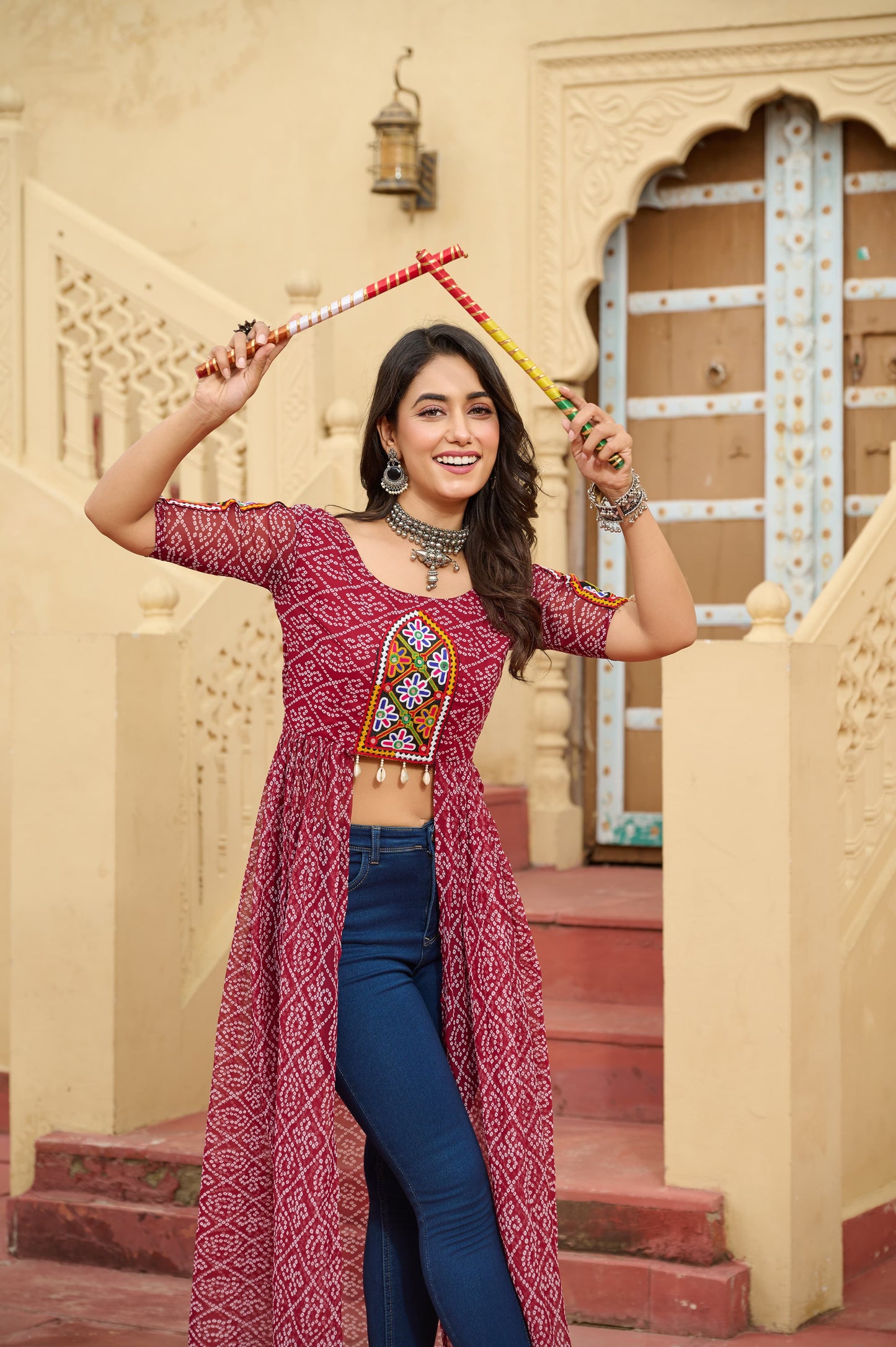 Maroon Faux Georgette Bandhani Printed Navratri Kurti
