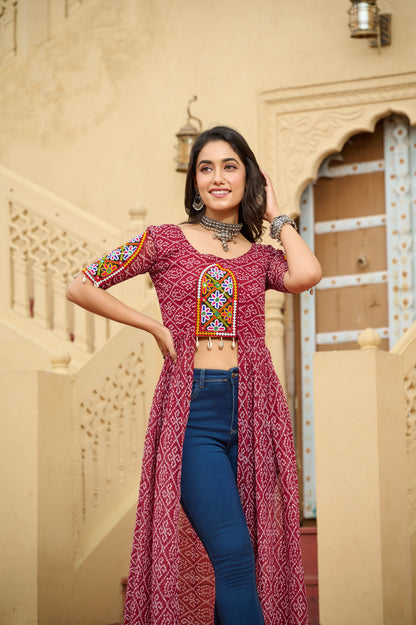 Maroon Faux Georgette Bandhani Printed Navratri Kurti
