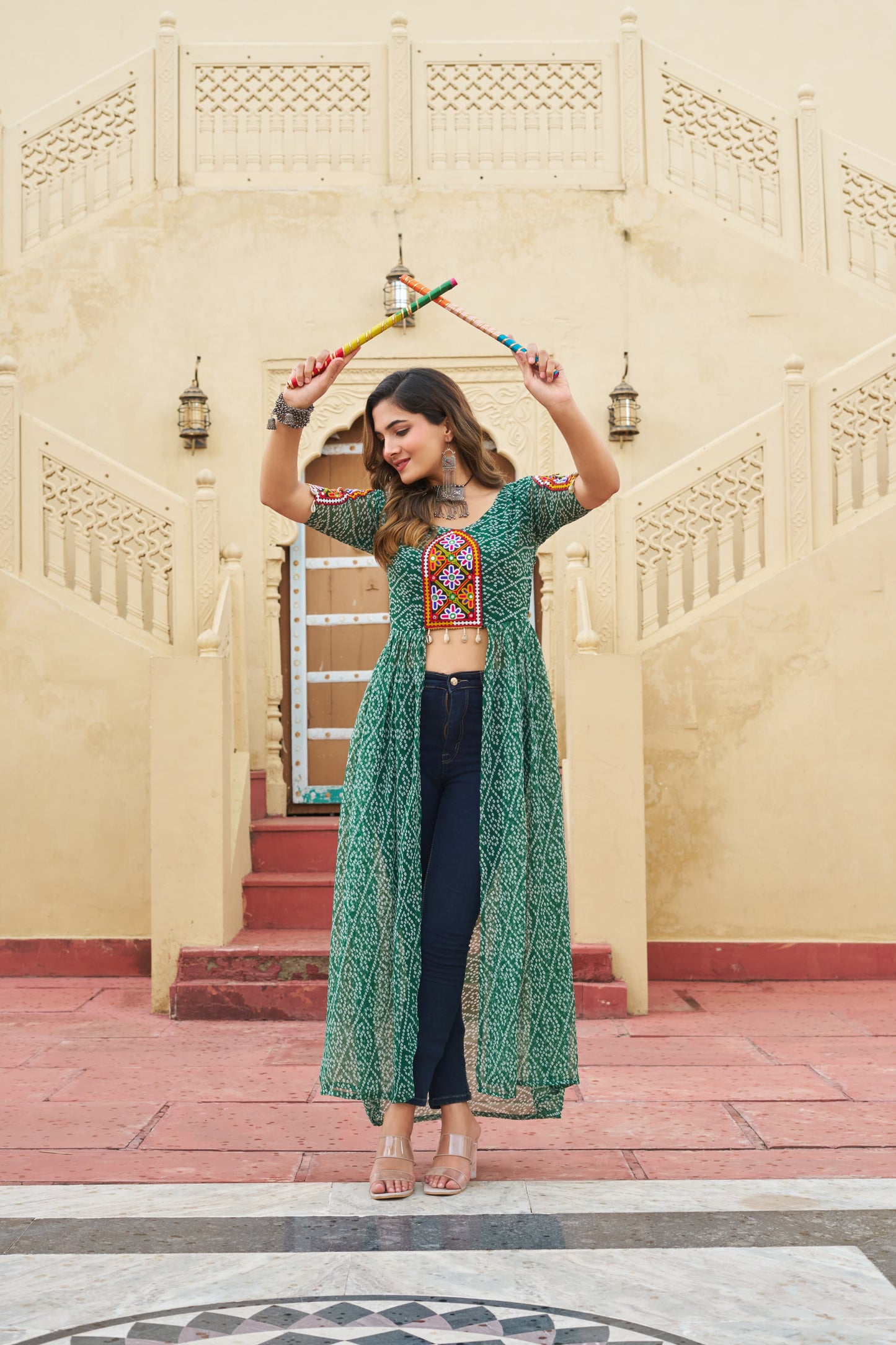 Maroon Faux Georgette Bandhani Printed Navratri Kurti