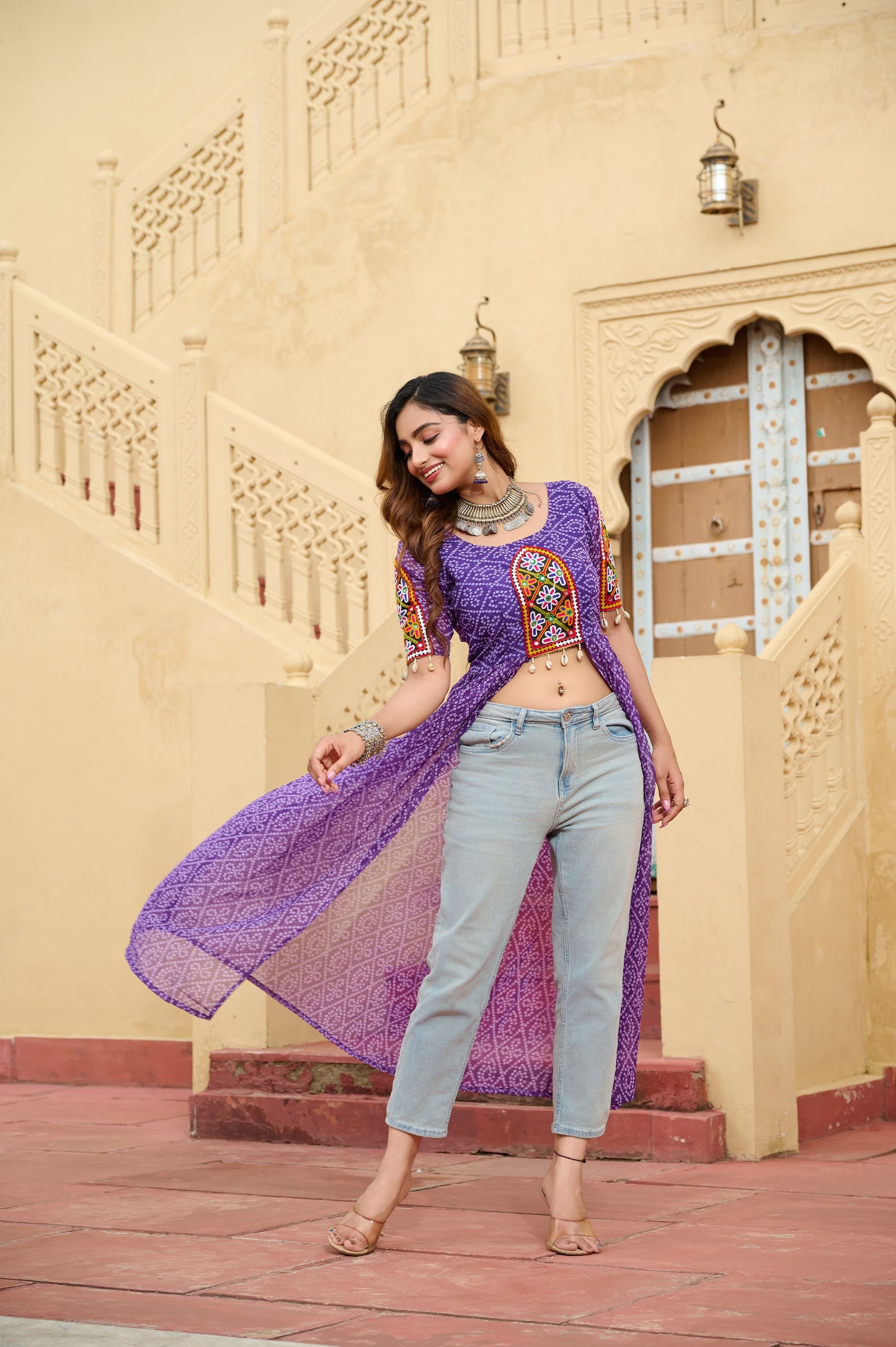 Maroon Faux Georgette Bandhani Printed Navratri Kurti